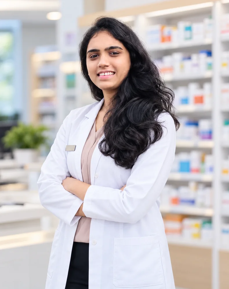 Megha Patel in a professional white coat, standing in a pharmacy