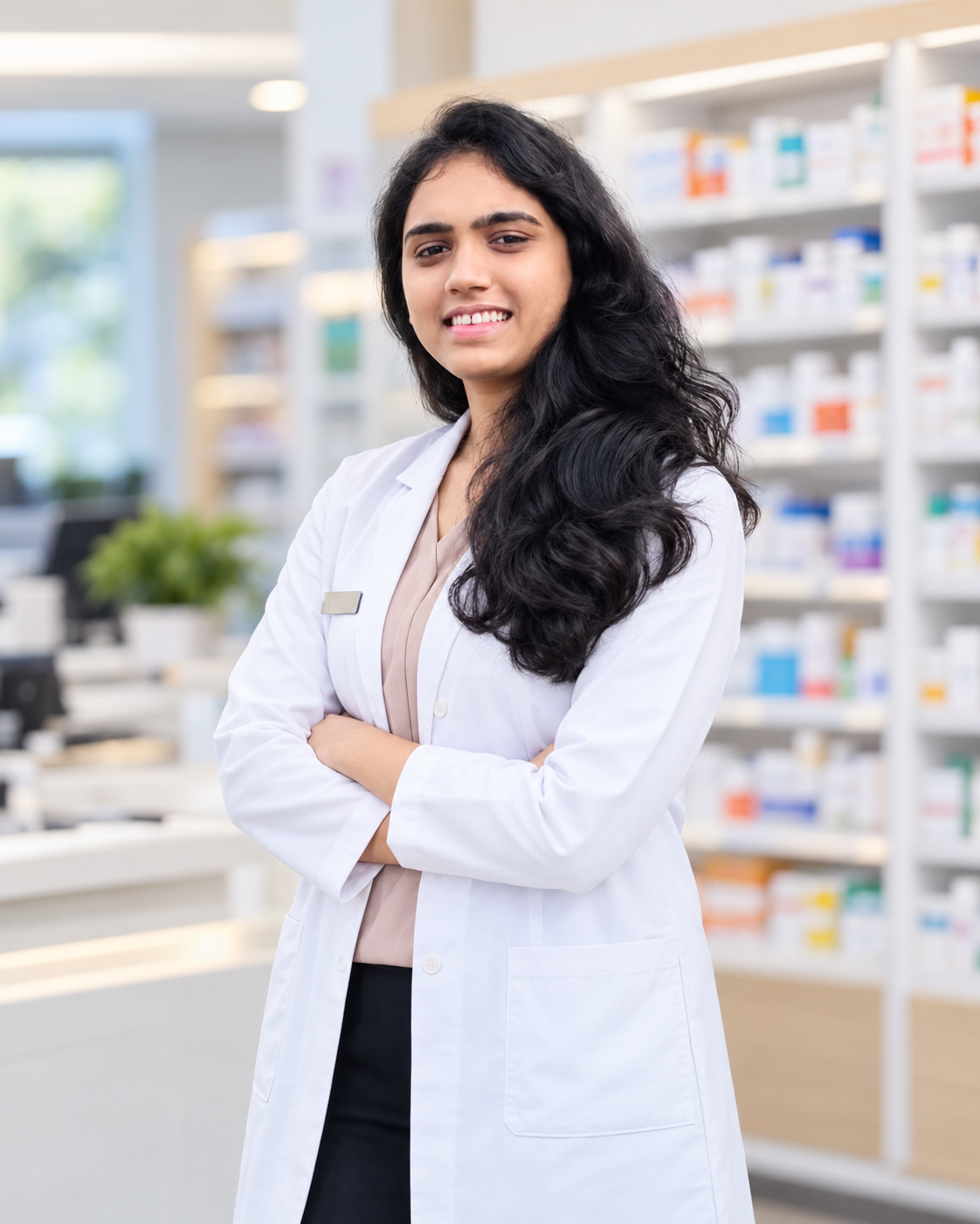 Megha Patel smiling in a white pharmacy coat